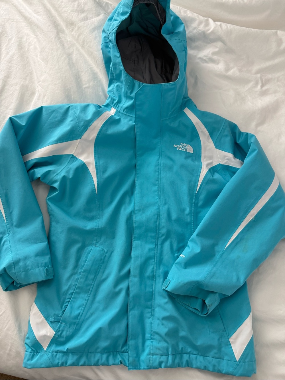 The North Face Aqua Blue Hooded Kids Jacket with White Trim
